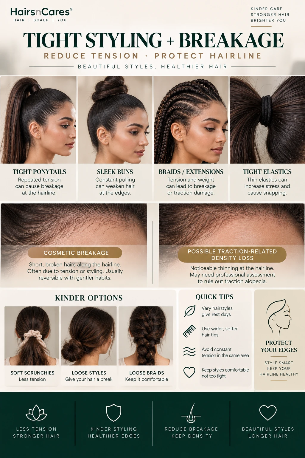 Tight ponytails buns braids extensions and elastics causing hairline tension compared with looser breakage-aware hairstyles