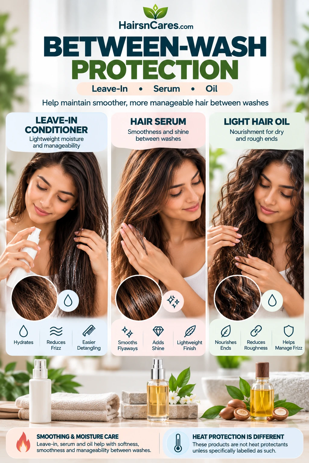 Between-wash care for heat-damaged hair using leave-in conditioner, serum and light hair oil on dry mid-lengths and ends