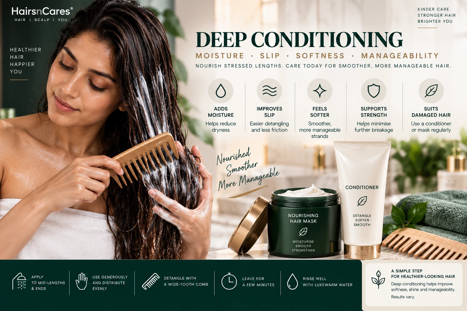 Deep conditioning heat damaged hair with conditioner hair mask and wide-tooth comb applied to mid-lengths and ends