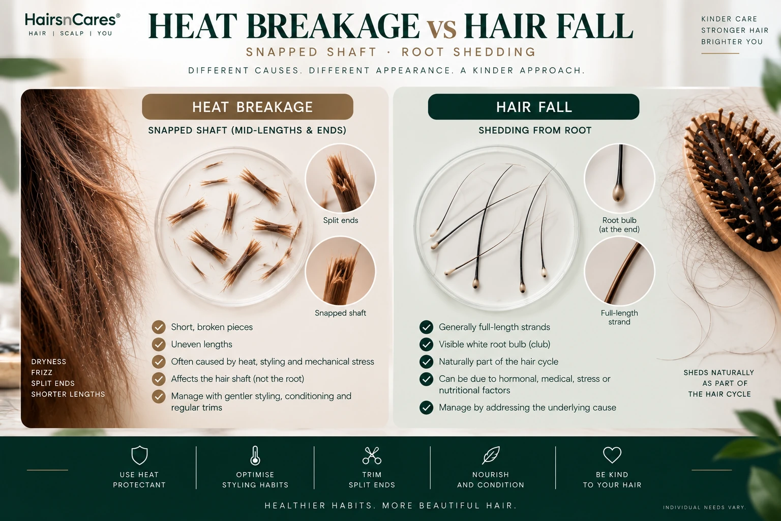 Heat breakage versus hair fall showing short snapped hair shafts and split ends compared with generally full-length shed strands