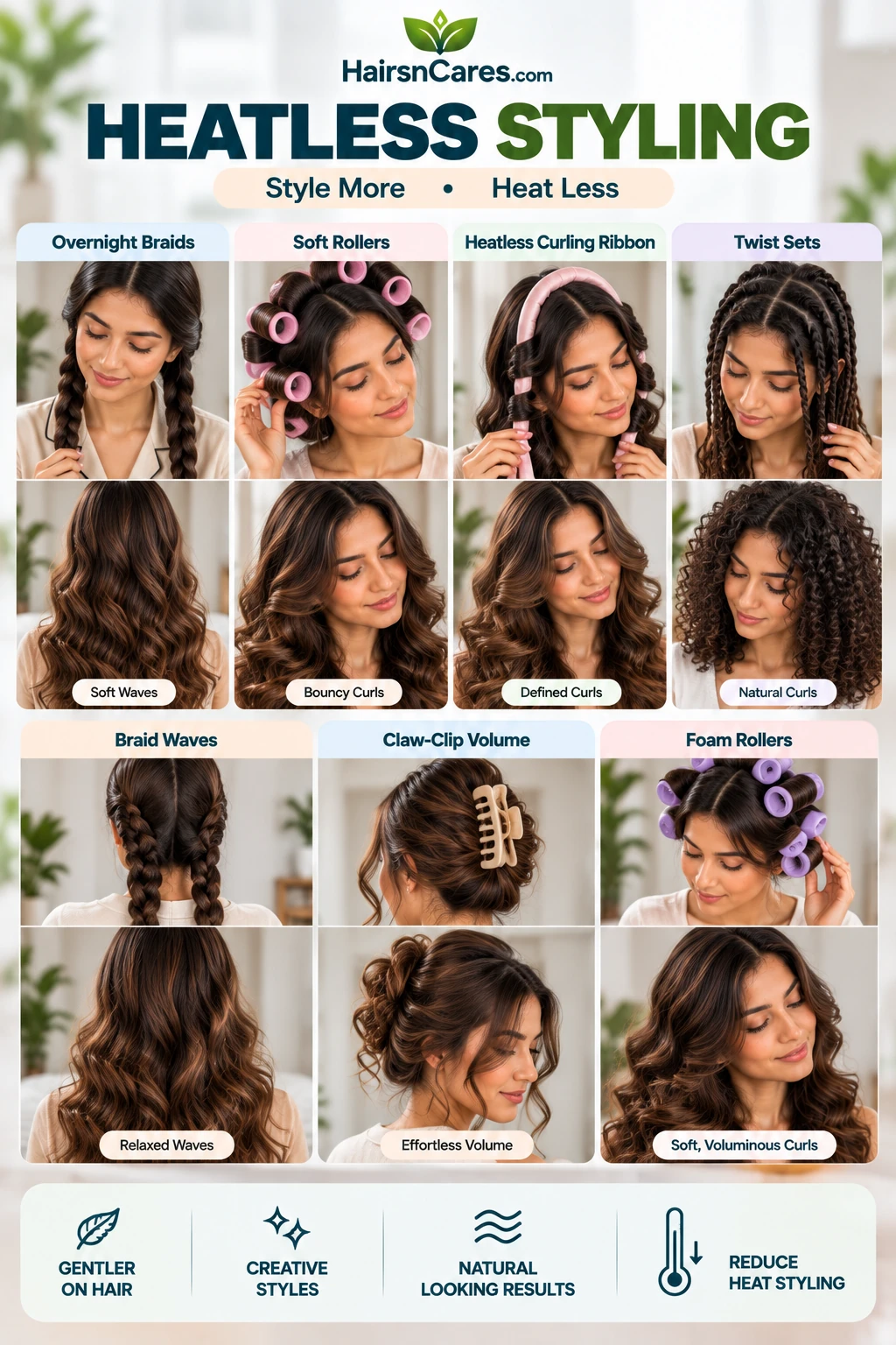 Heatless hairstyles using overnight braids, soft rollers, curling ribbon, twist sets, braid waves, claw clip and foam rollers
