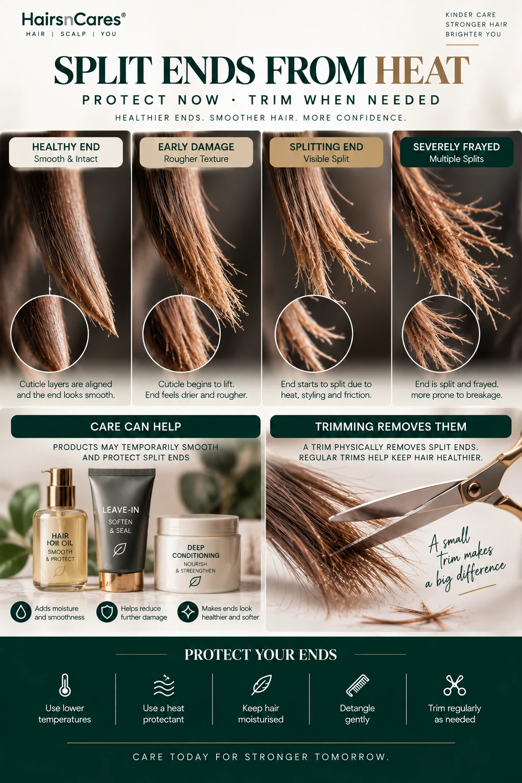 Split ends from heat showing intact hair progressing to heat-stressed splitting and frayed ends with trimming guidance