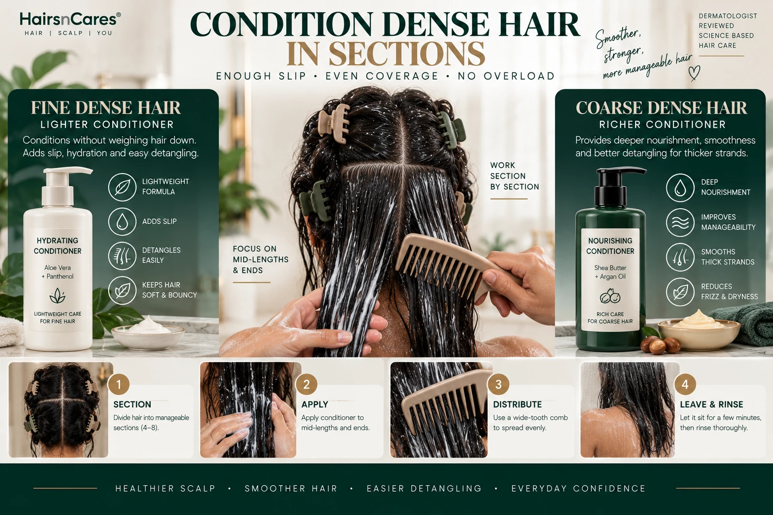 Conditioner applied section by section to high density hair with wide-tooth comb for even coverage and detangling