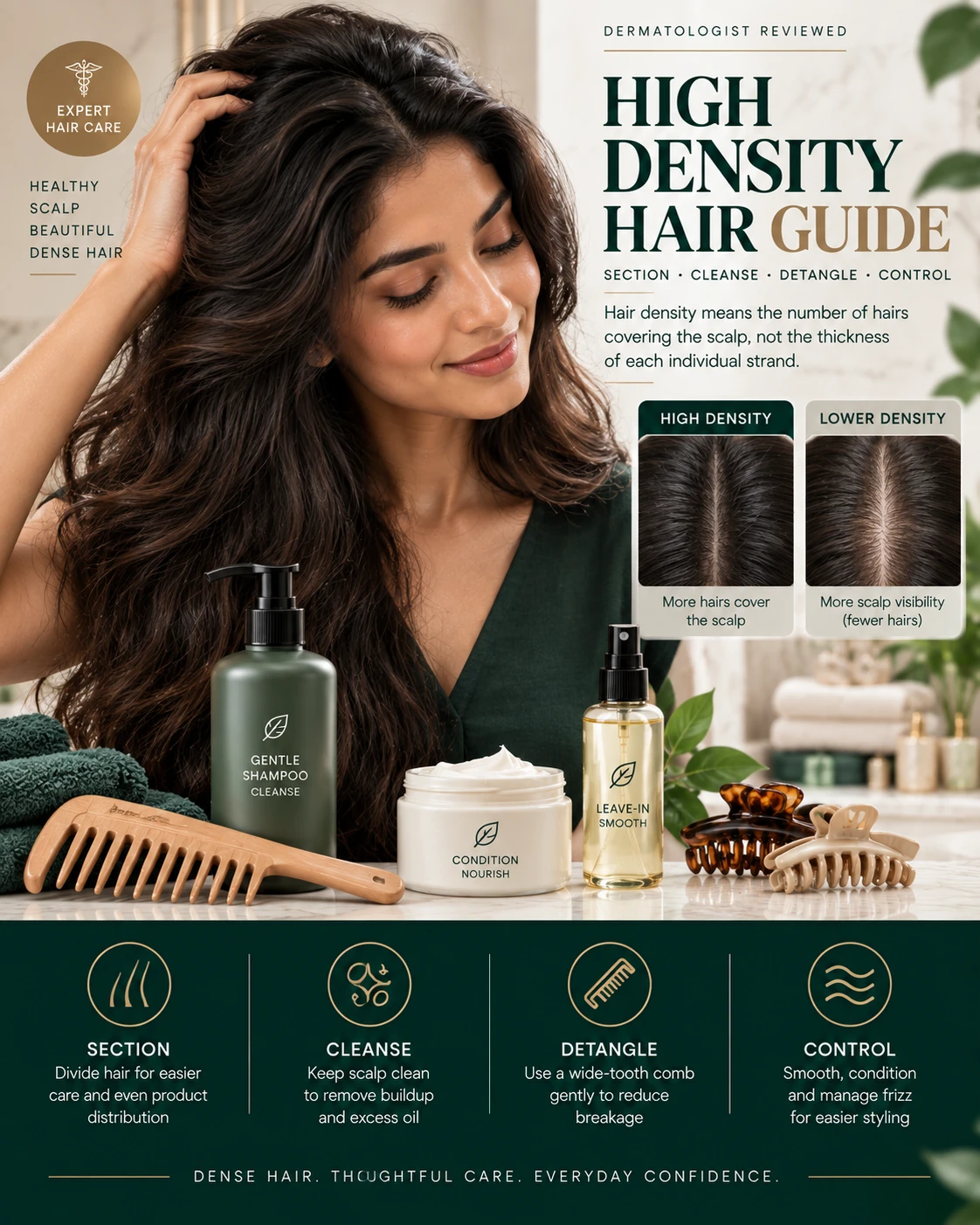 High density hair with full scalp coverage alongside sectioning scalp cleansing detangling and frizz-control care