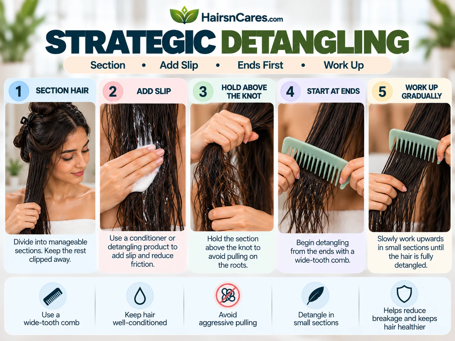 How to detangle high density hair section by section using conditioner and a wide tooth comb starting from the ends