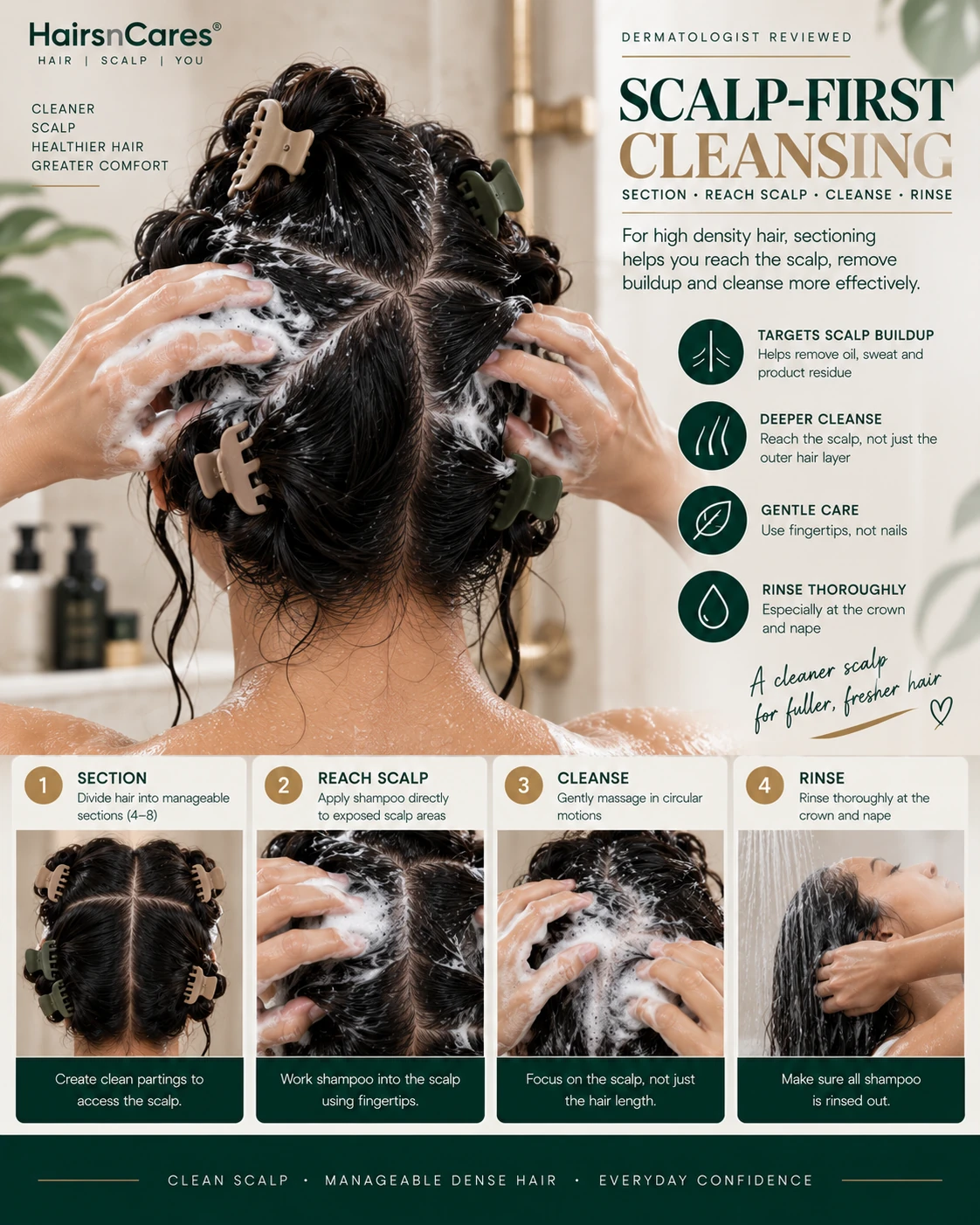 High density hair sectioned for scalp-first cleansing with shampoo applied directly to exposed scalp areas