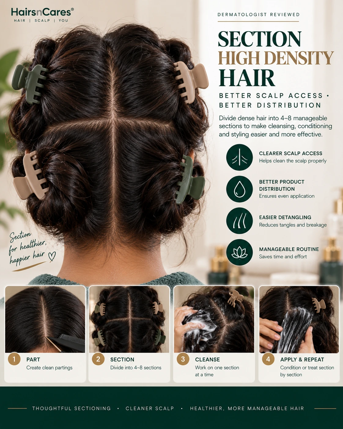 High density hair divided into manageable sections with clips for better scalp access cleansing and product distribution