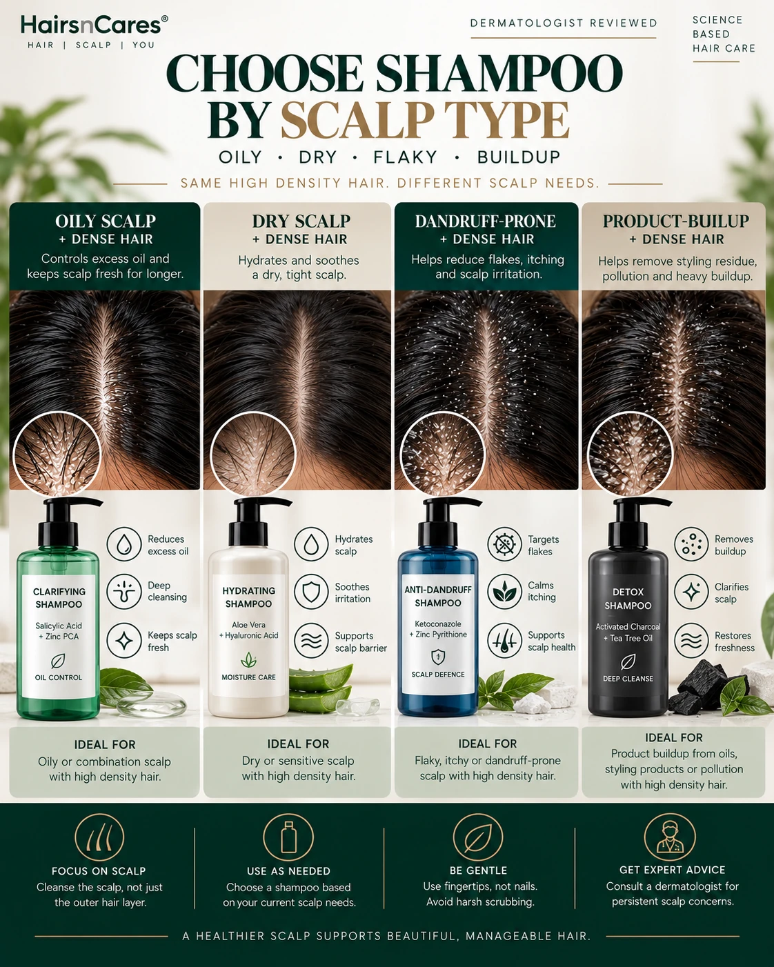 Shampoo selection for high density hair with oily dry dandruff-prone and product-buildup scalp types