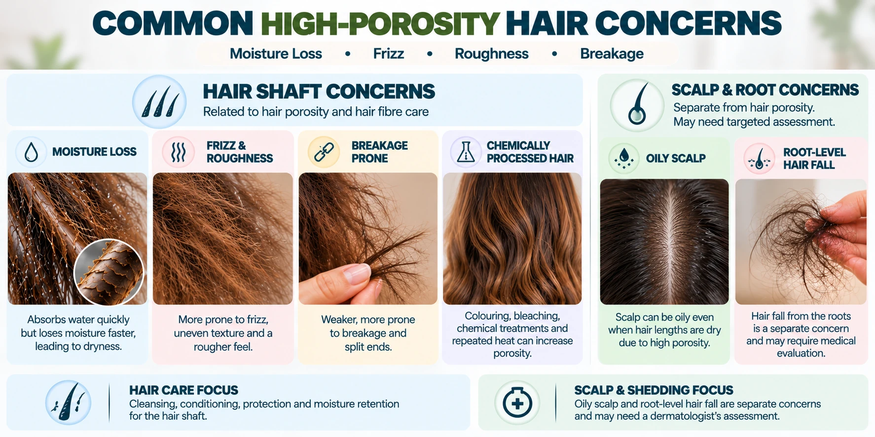 Common high porosity hair concerns including moisture loss, frizz, roughness and breakage with scalp and root concerns shown separately