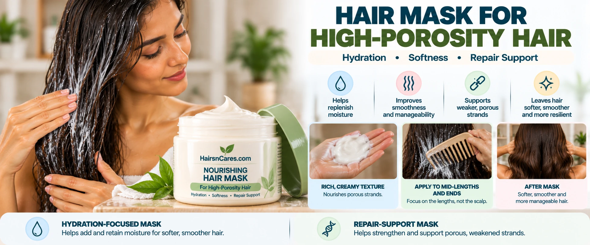 HairsnCares hair mask for high porosity hair applied to mid-lengths and ends for hydration, softness and conditioning support