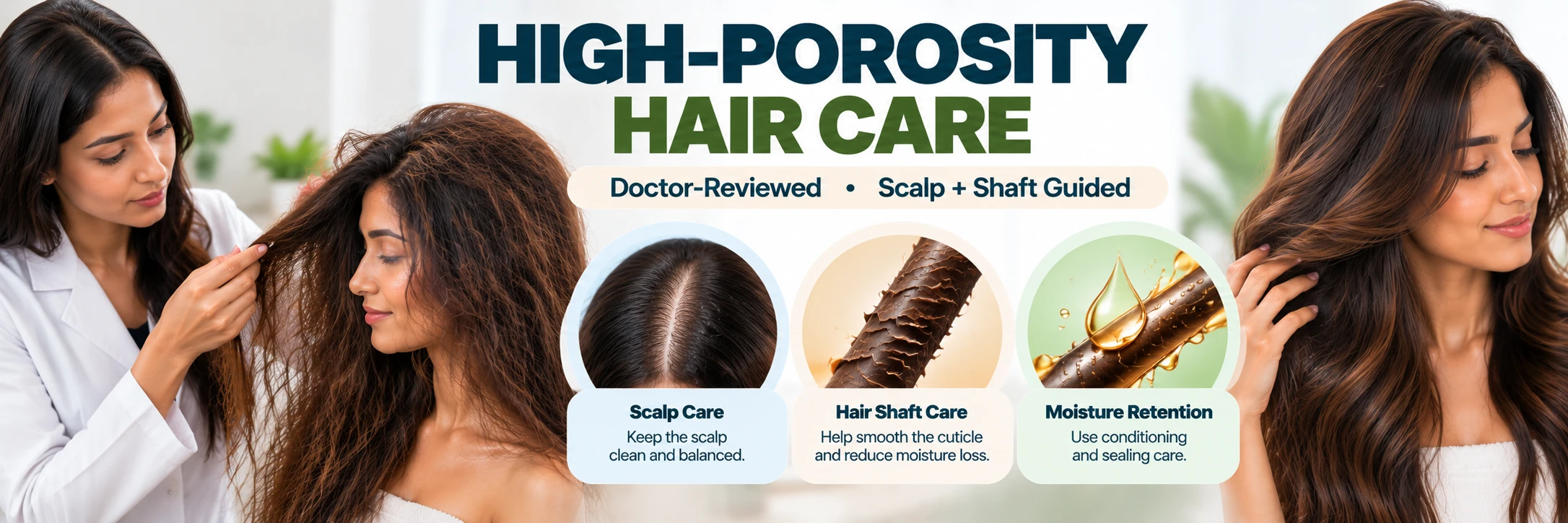 Doctor-reviewed high porosity hair care guide showing scalp care, hair shaft conditioning and moisture retention