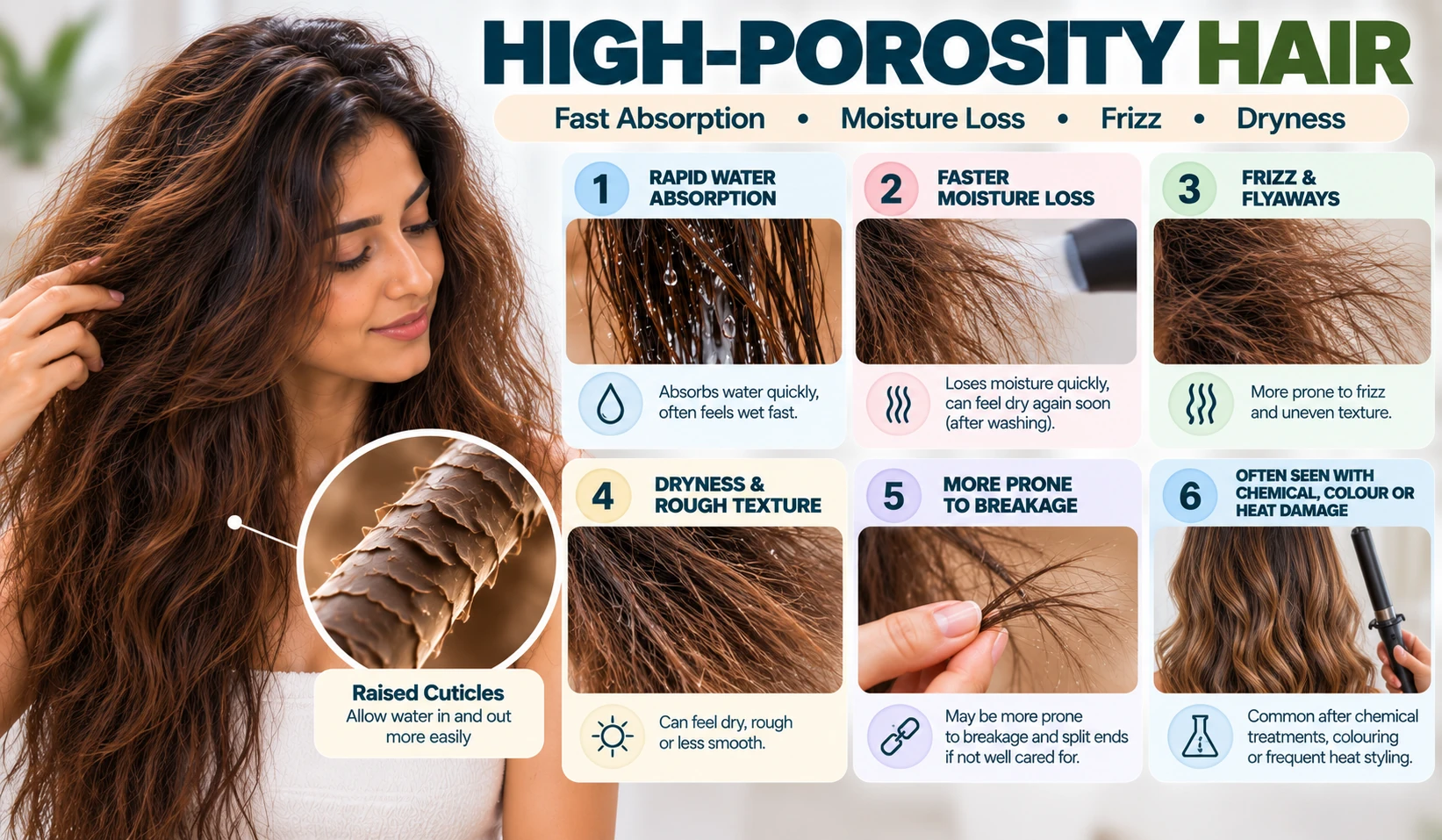 High porosity hair characteristics including fast water absorption, moisture loss, frizz, dryness, roughness and breakage susceptibility