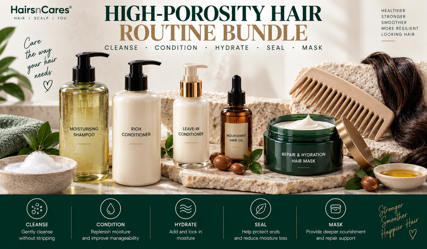 High porosity hair products including moisturising shampoo rich conditioner leave-in serum hair oil and hydrating mask