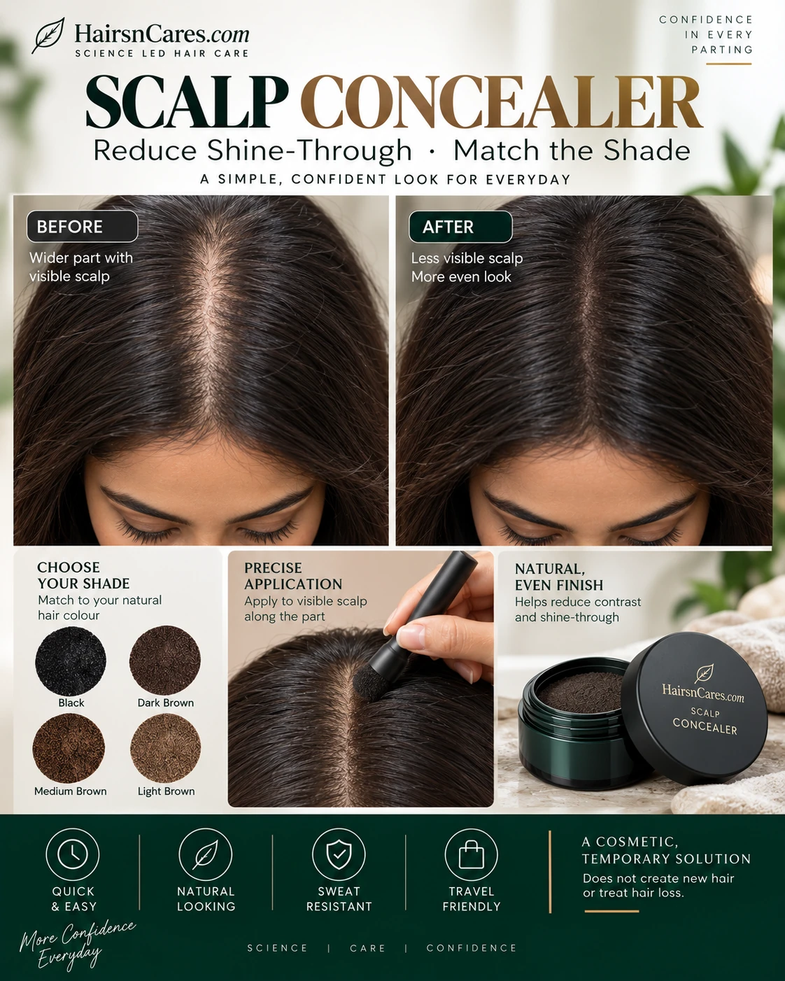 Scalp concealer applied along a widening hair part to temporarily reduce visible scalp and hair colour contrast