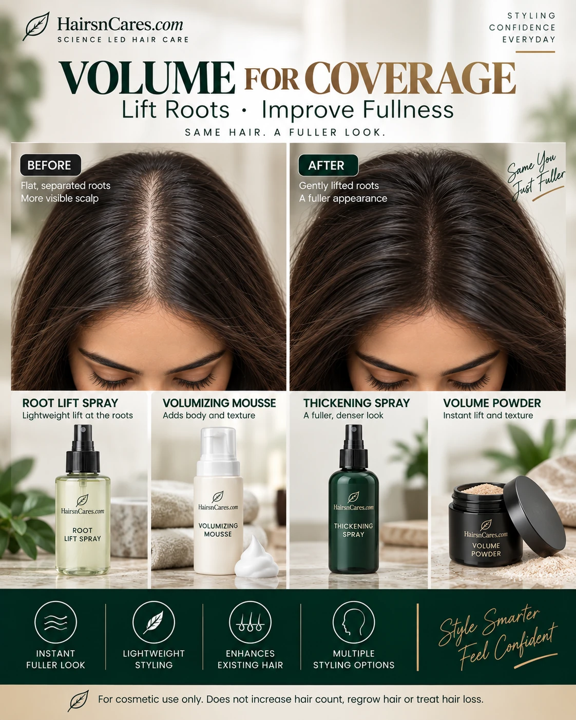Low density hair styled with root lift spray volumizing mousse thickening spray and volume powder for a fuller appearance