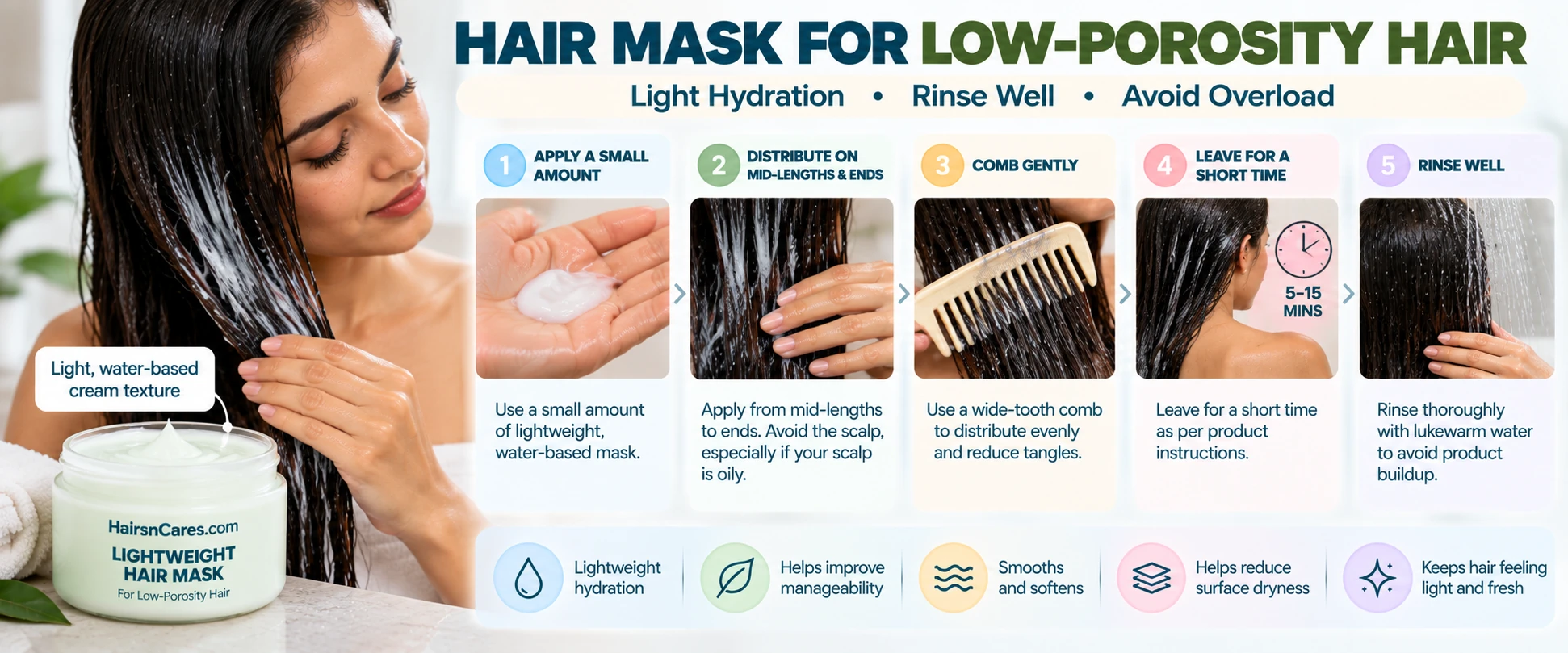HairsnCares lightweight hair mask for low porosity hair applied to mid-lengths and ends with a wide-tooth comb and thorough rinsing