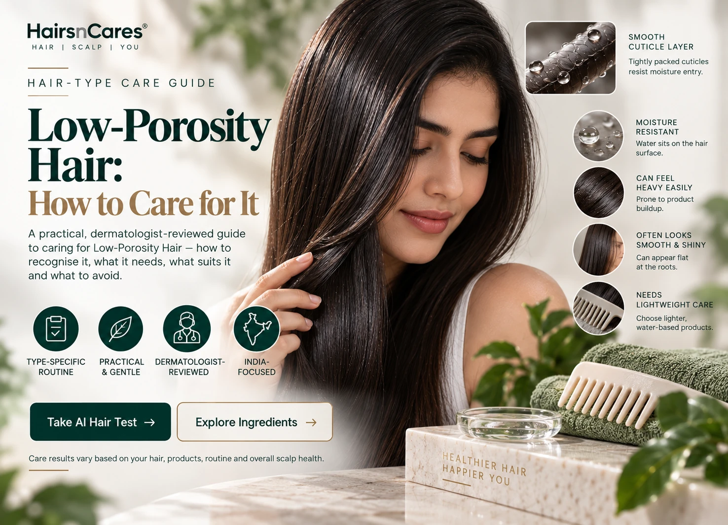 Low porosity hair care guide showing smooth hair water beading lightweight care and buildup-conscious routine