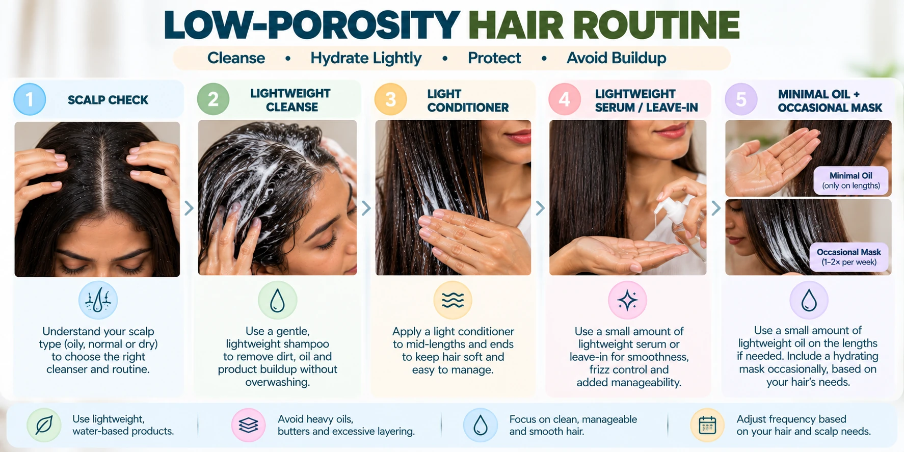 Low porosity hair care routine with scalp check, lightweight shampoo, light conditioner, serum or leave-in and minimal hair oil