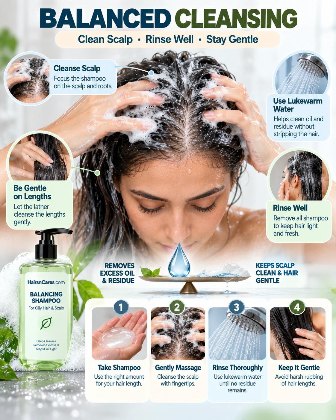 HairsnCares balancing shampoo for oily hair showing gentle scalp cleansing with fingertips, lukewarm water and thorough rinsing