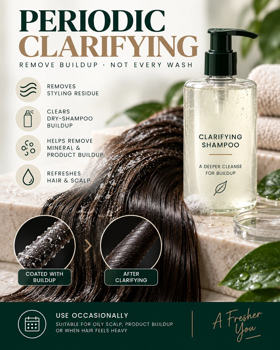 Clarifying shampoo for oily hair and scalp showing removal of styling dry shampoo mineral and product buildup
