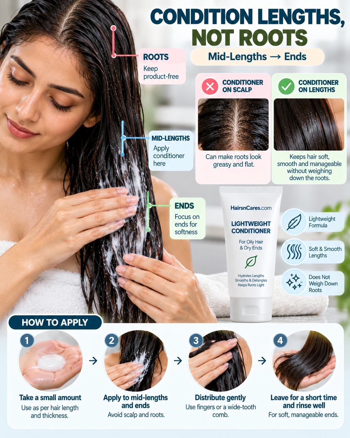 HairsnCares lightweight conditioner for oily hair applied from mid-lengths to ends while avoiding oily roots