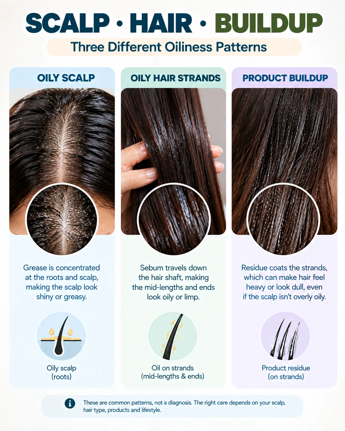 Oily scalp vs oily hair strands vs product buildup showing grease at the roots, sebum along hair lengths and product residue on strands