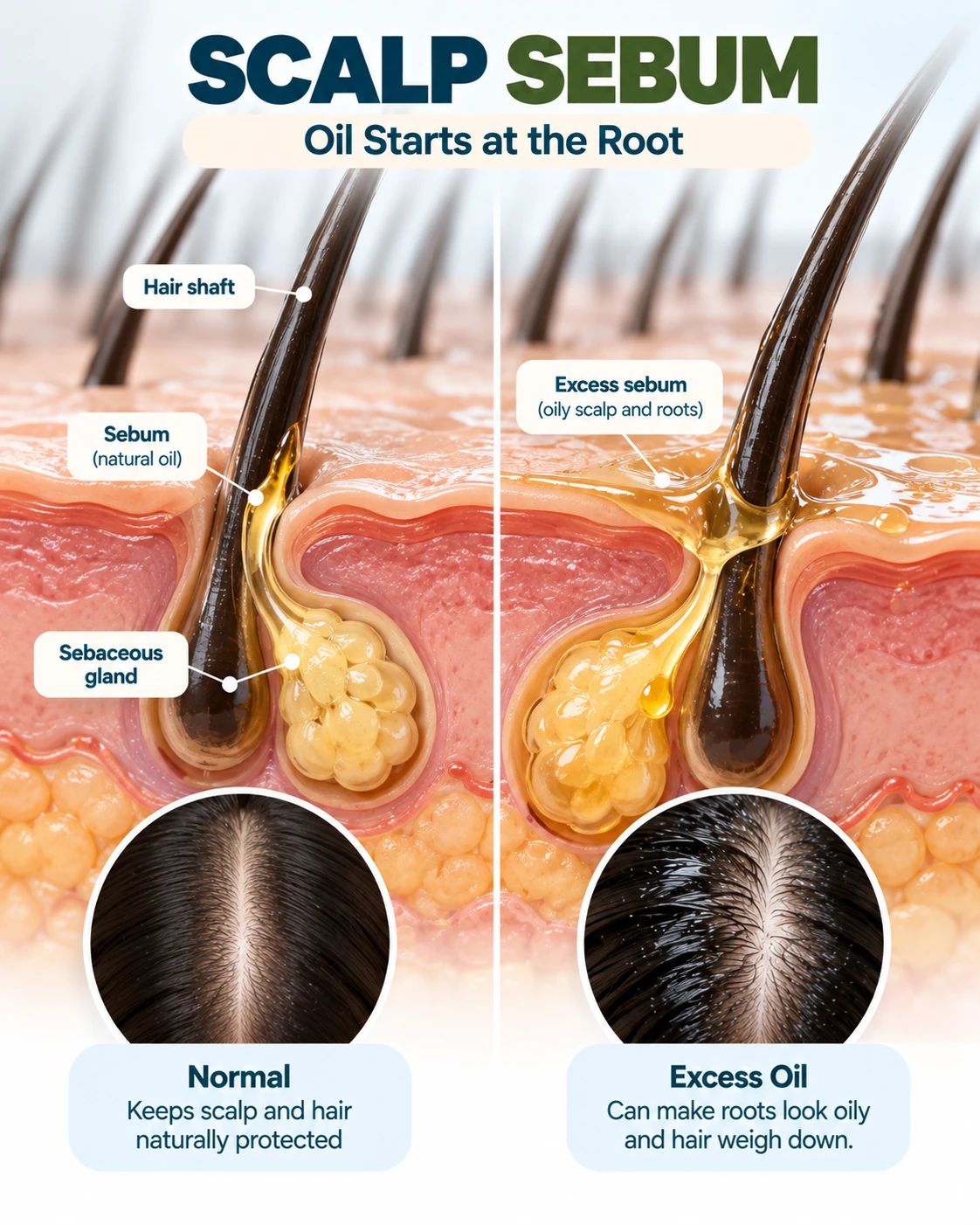 Scalp sebum diagram showing sebaceous glands producing natural oil at the hair follicle and excess sebum around oily roots