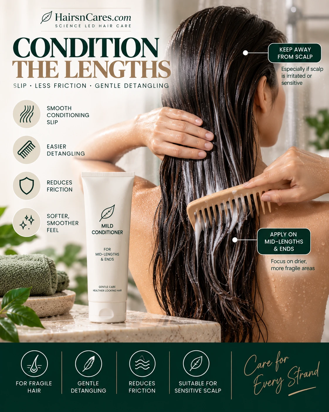 Mild conditioner applied to fragile hair mid-lengths and ends with wide-tooth comb for gentle detangling