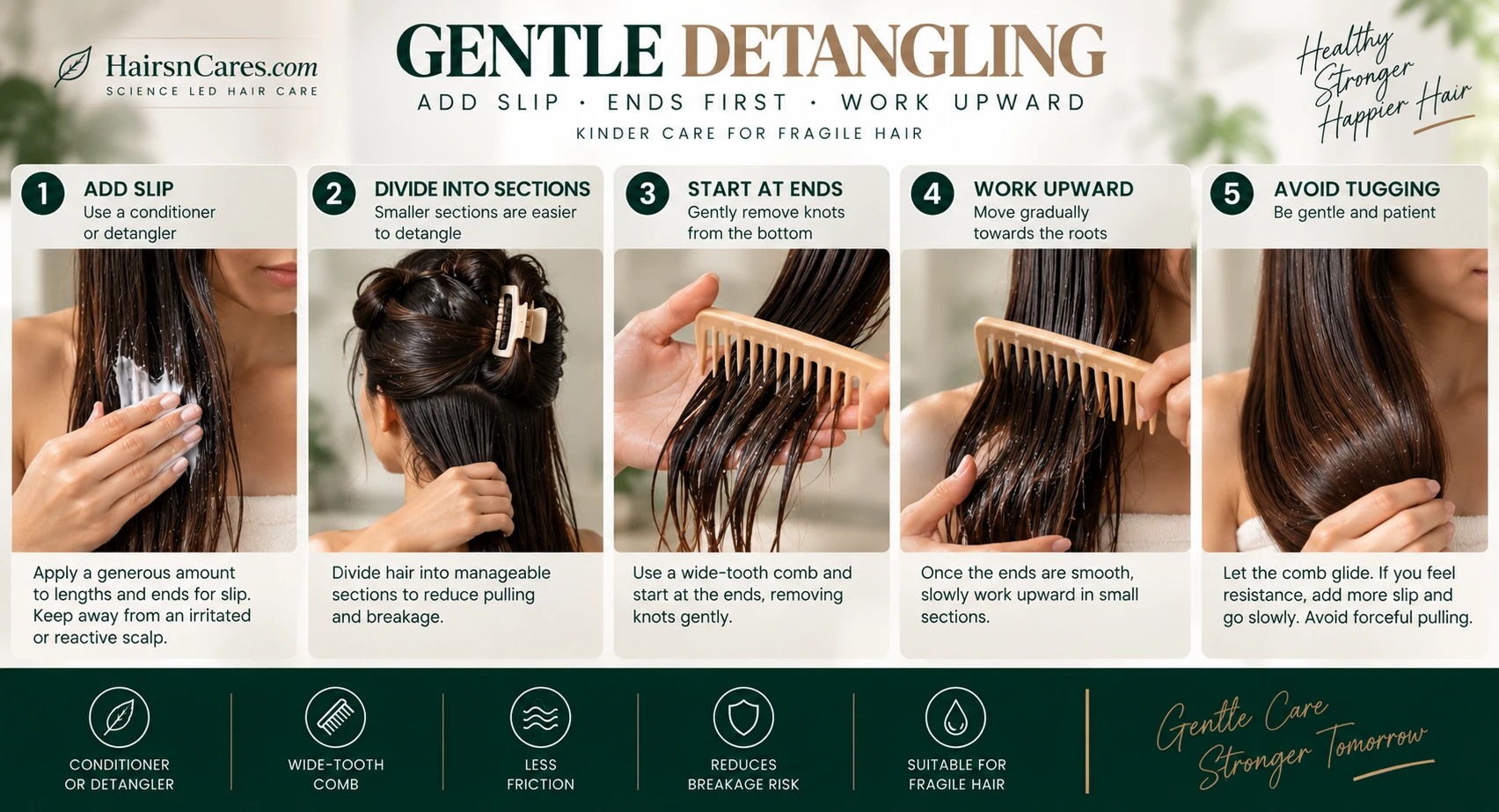 Gentle detangling fragile hair with conditioner or detangler sections and wide-tooth comb starting from the ends