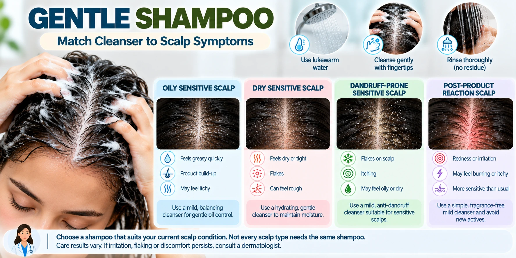 Gentle shampoo for sensitive scalp showing lukewarm water, fingertip cleansing and different care needs for oily, dry, dandruff-prone and reactive scalps