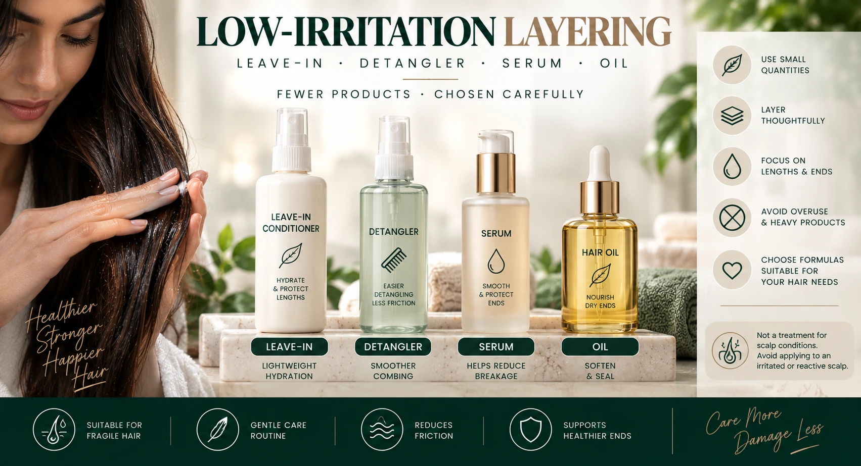 Leave-in conditioner detangler serum and hair oil for fragile hair applied mainly to mid-lengths and ends