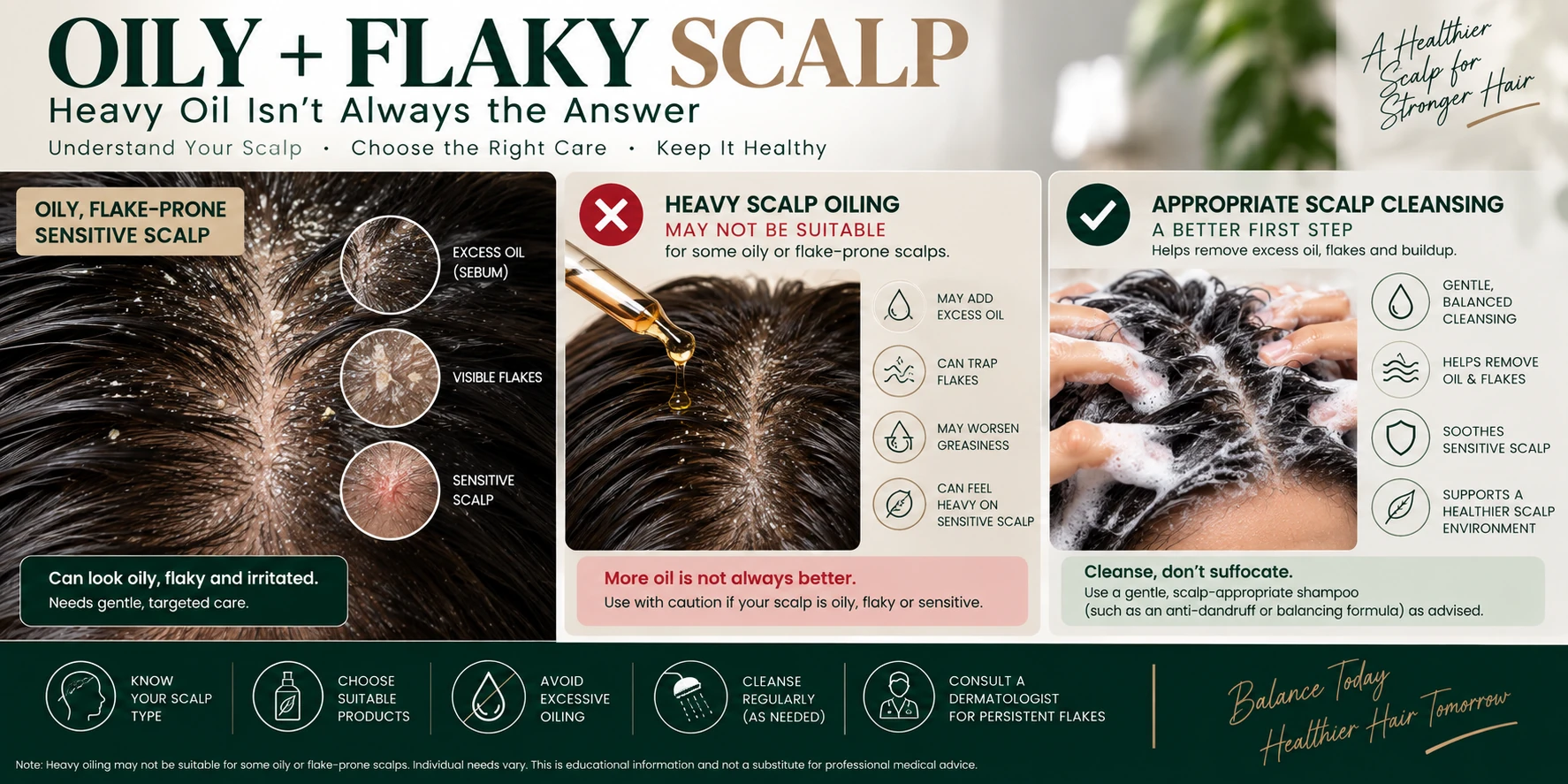 Oily flaky sensitive scalp showing heavy scalp oiling caution and appropriate scalp-focused cleansing