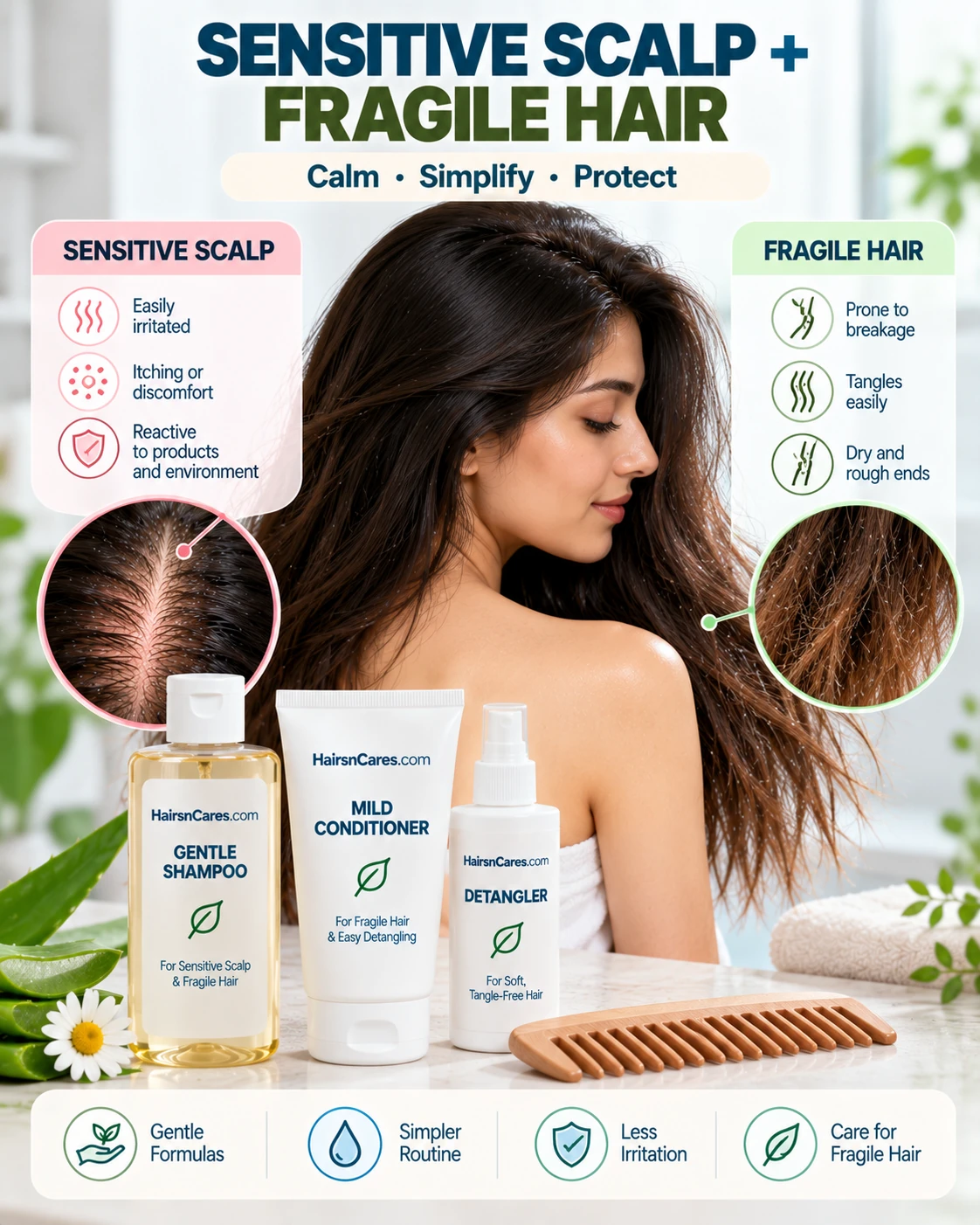 Sensitive scalp and fragile hair guide showing gentle scalp care, hair breakage, tangling, dry ends and HairsnCares gentle haircare products