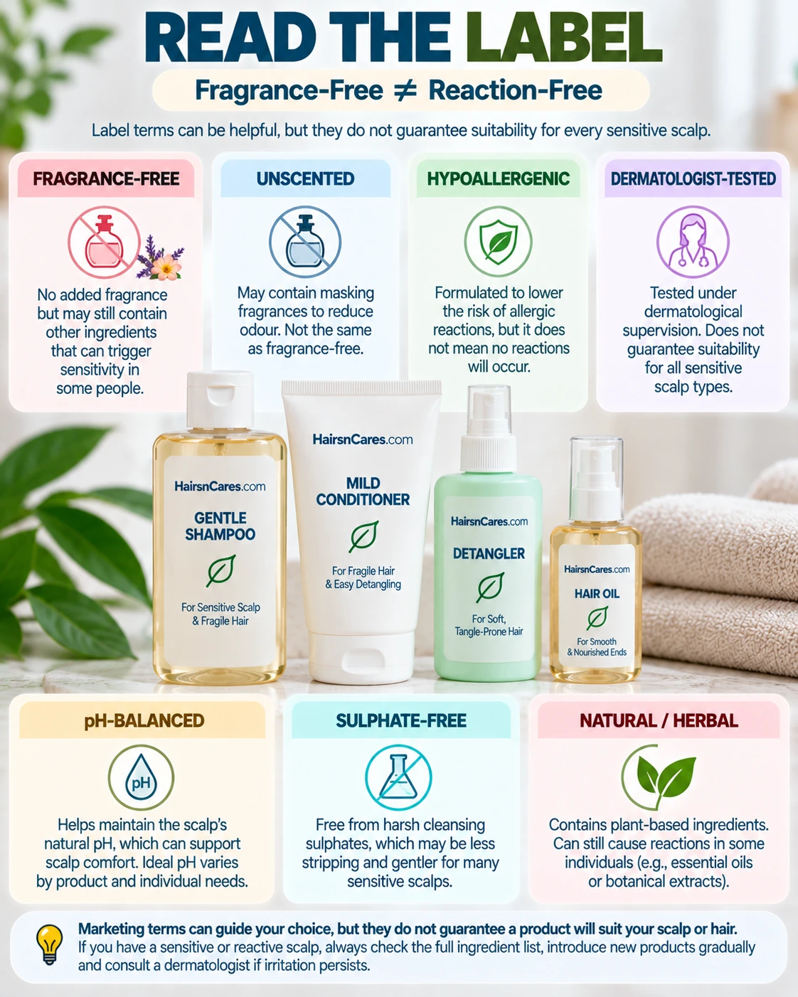 Sensitive scalp product label guide comparing fragrance-free, unscented, hypoallergenic, dermatologist-tested, pH-balanced, sulphate-free and natural hair products