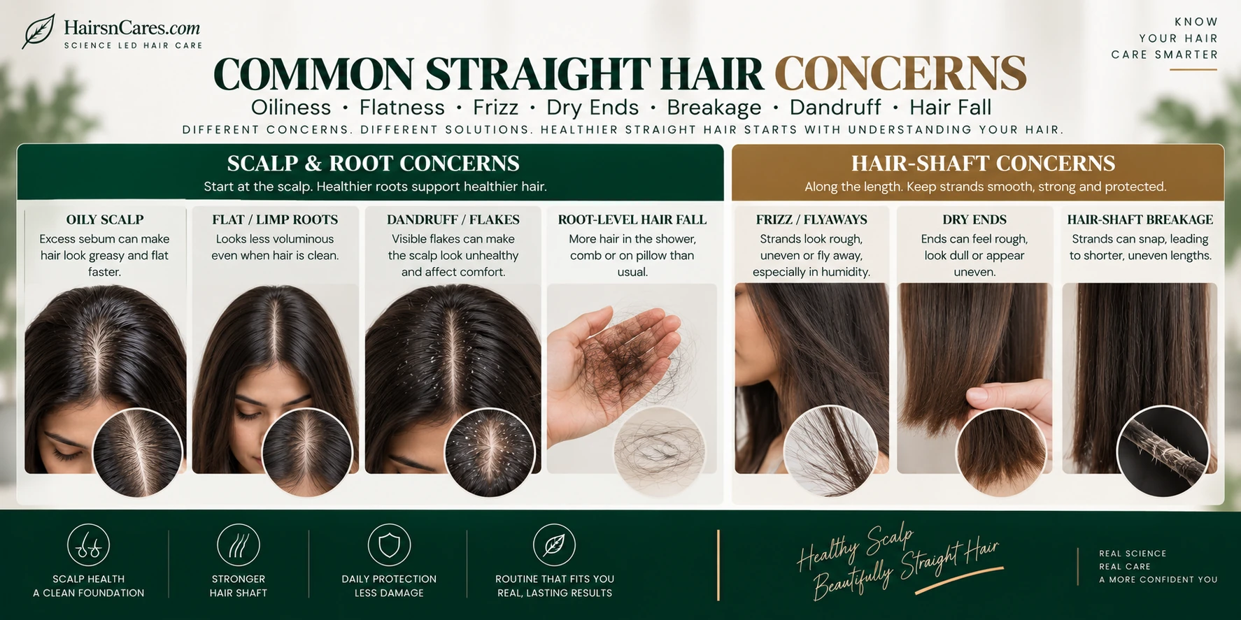 Common straight hair concerns including oily scalp flat roots frizz dry ends breakage dandruff and hair fall