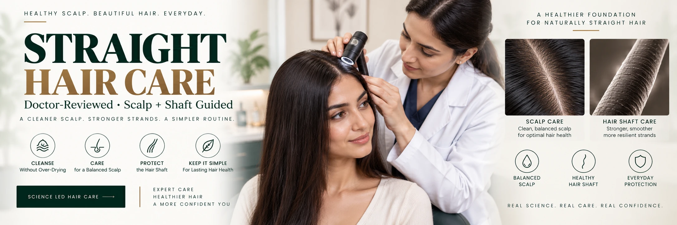 Doctor-reviewed straight hair care showing scalp assessment and hair shaft care for naturally straight hair