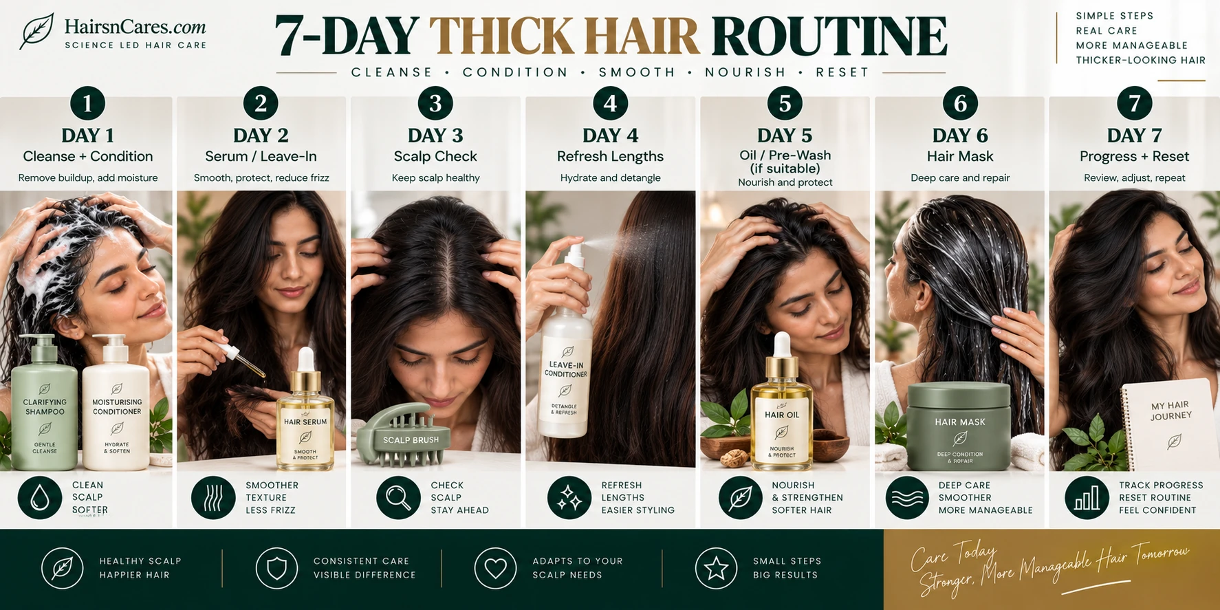 Seven-day thick hair routine with shampoo conditioner serum leave-in hair oil hair mask scalp check and weekly reset