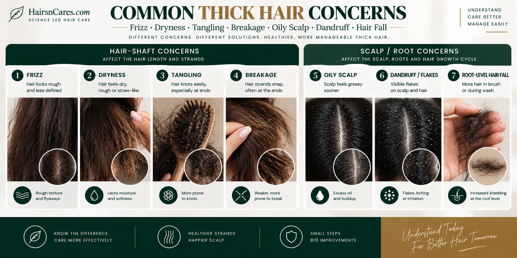 Common thick hair concerns including frizz dryness tangling breakage oily scalp dandruff flakes and root-level hair fall