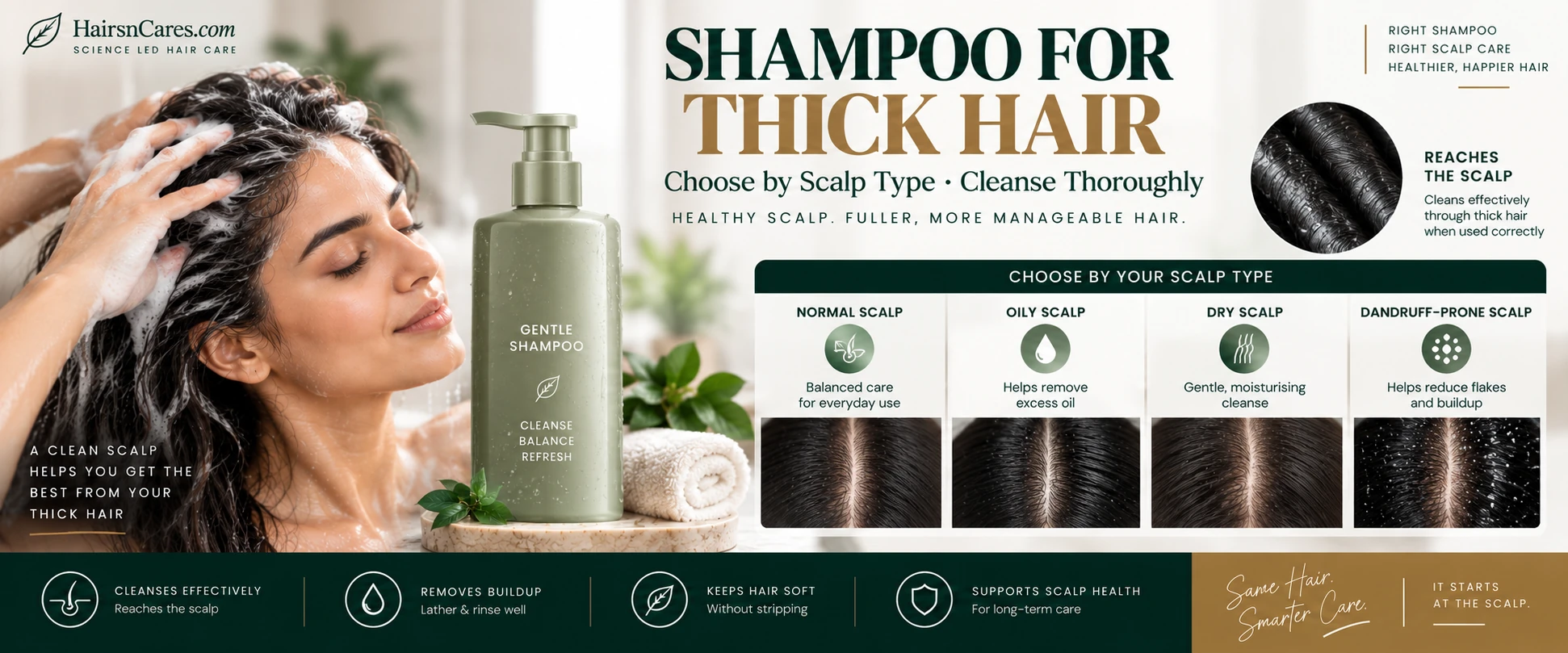Shampoo for thick hair selected by normal oily dry or dandruff-prone scalp with thorough scalp cleansing and rinsing