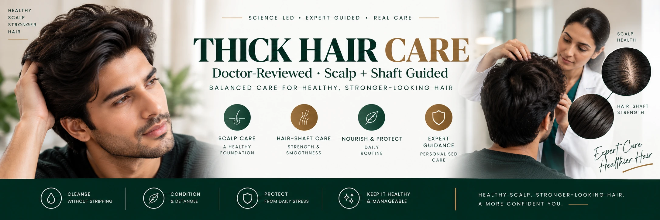Doctor-reviewed thick hair care showing scalp assessment and hair shaft guidance for naturally full thick-looking hair