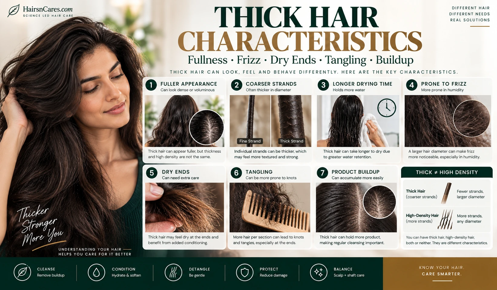 Thick hair characteristics showing coarse strands fullness frizz dry ends tangling longer drying time and product buildup