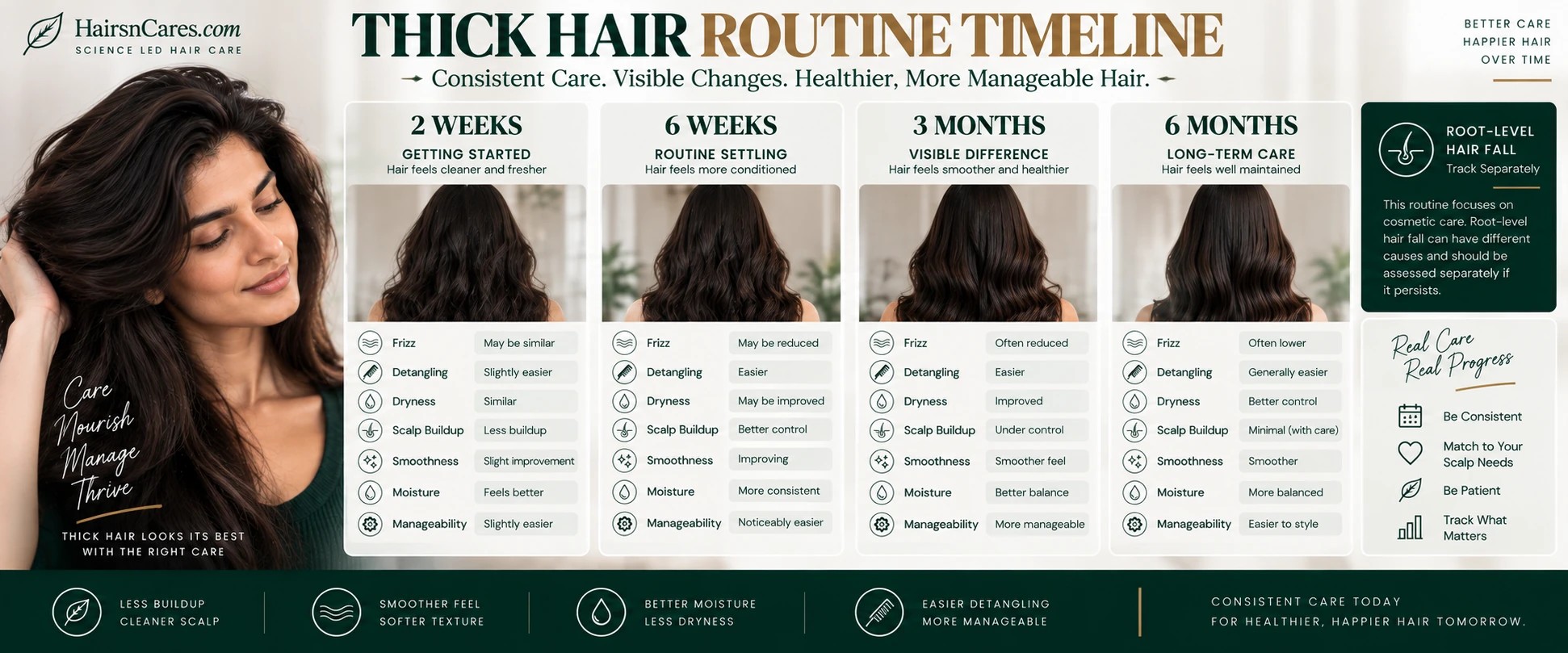 Thick hair routine timeline at 2 weeks 6 weeks 3 months and 6 months tracking frizz dryness tangling buildup moisture and manageability