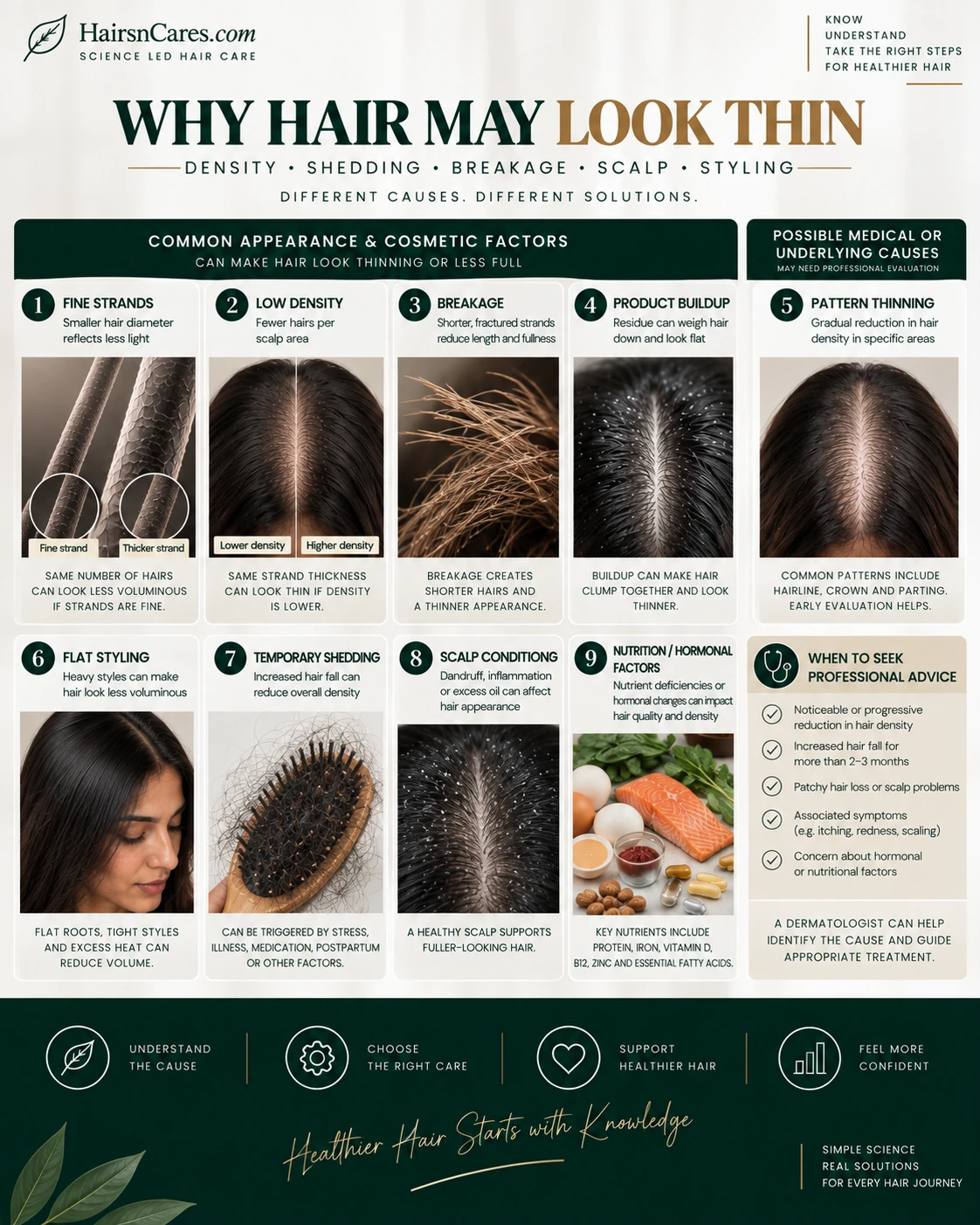 Causes of thin-looking hair including fine strands low density shedding breakage scalp conditions buildup and flat styling
