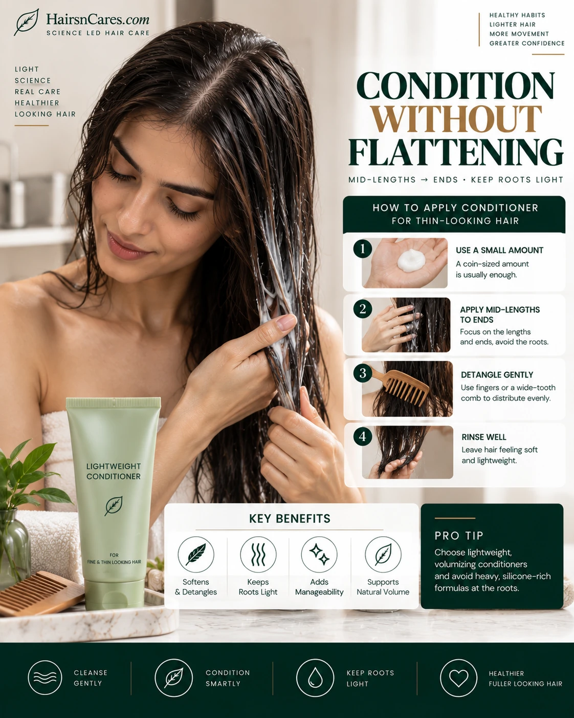Lightweight conditioner applied to thin-looking hair from mid-lengths to ends while keeping roots product-light