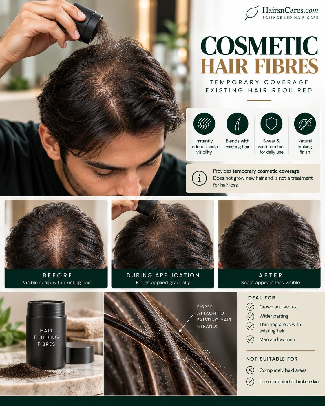 Hair building fibres applied to thin-looking hair with existing strands for temporary cosmetic coverage of visible scalp