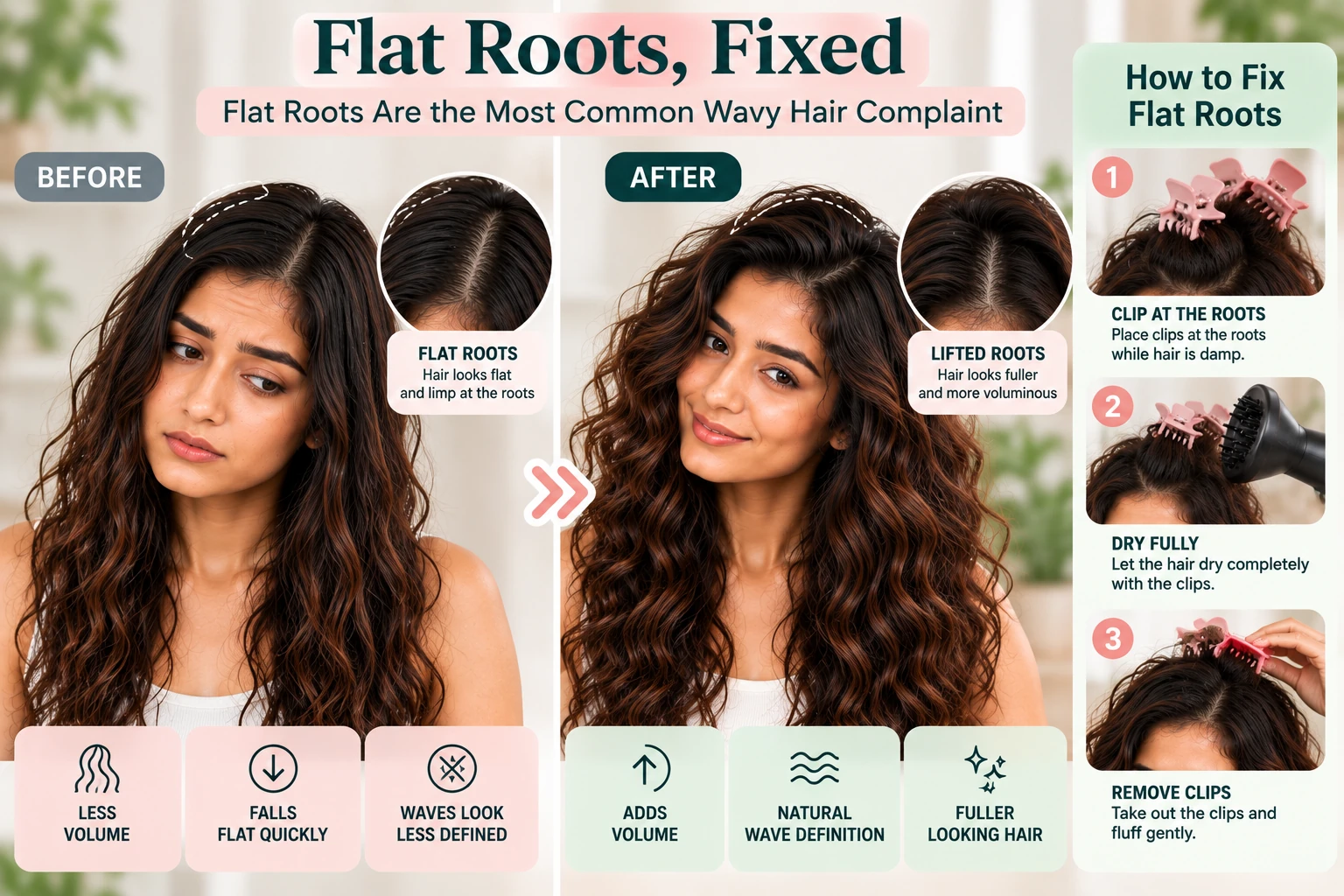 Flat roots in wavy hair before and after root clipping, showing lifted roots, improved volume and more defined natural waves.