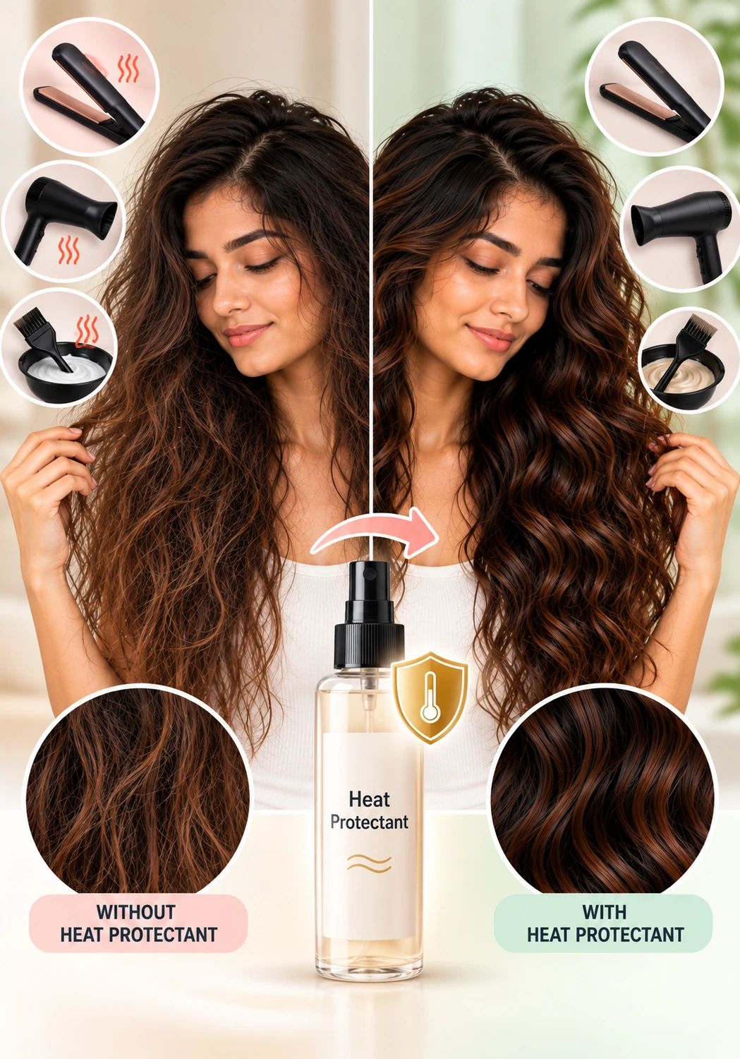 Wavy hair with and without heat protectant showing a heat protectant spray used before blow drying or heat styling to help reduce heat-related damage.