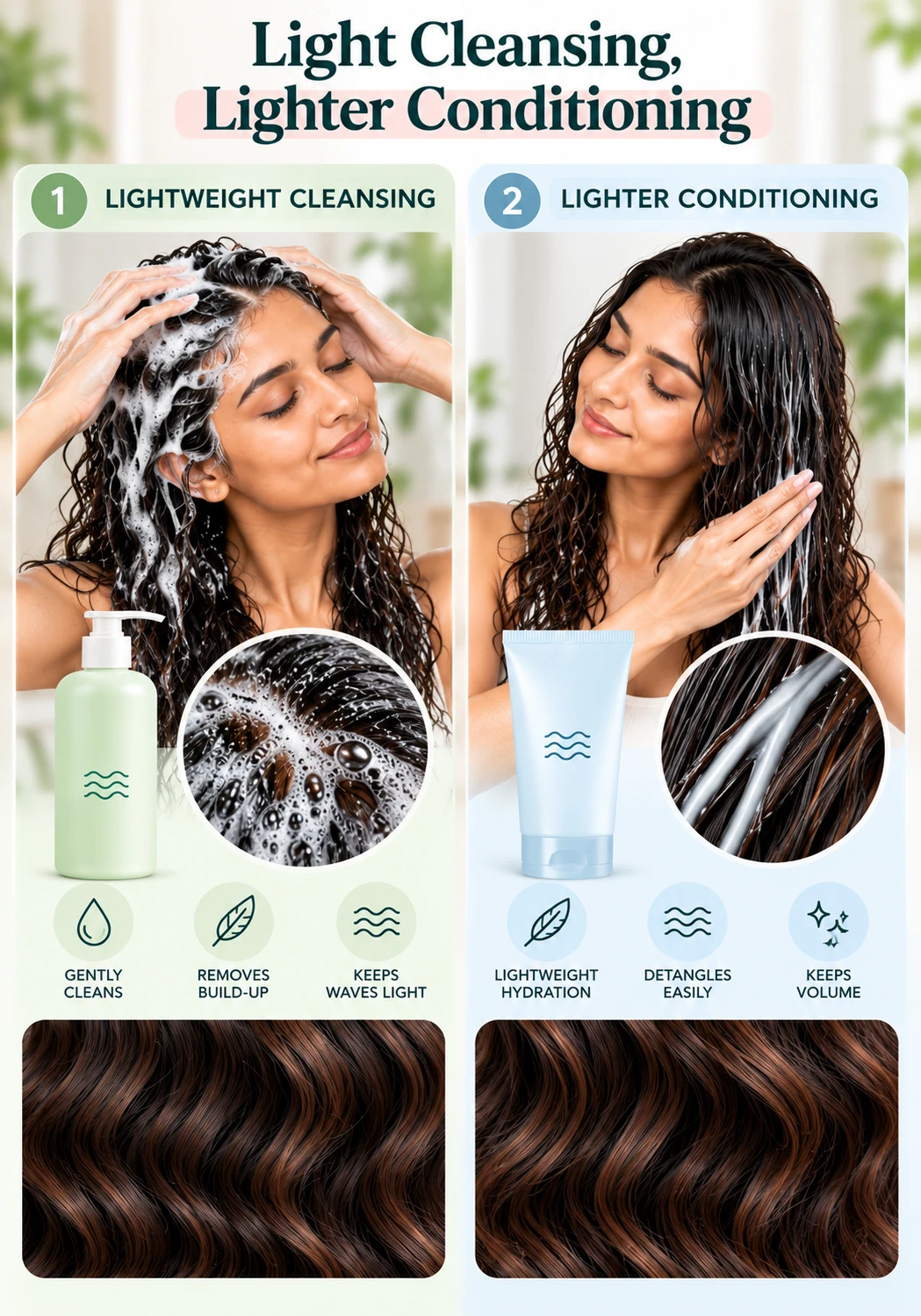 Lightweight cleansing and conditioning routine for wavy hair showing gentle shampooing, light hydration, detangling and volume-focused care.