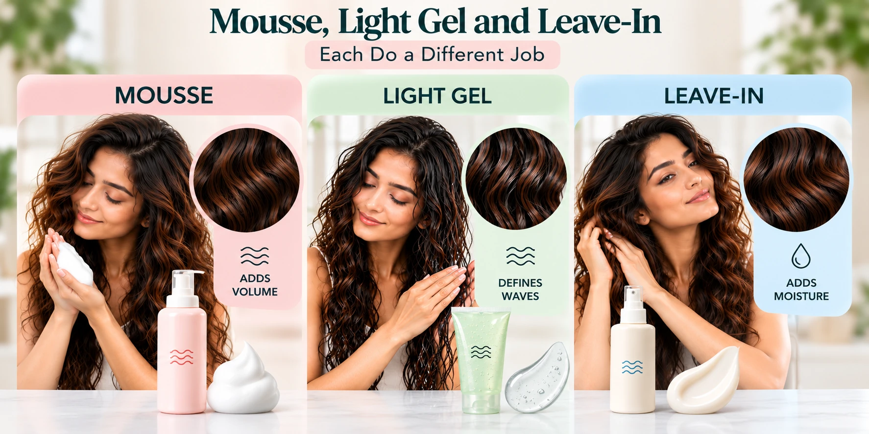 Mousse, light gel and leave-in comparison for wavy hair showing mousse for volume, gel for wave definition and leave-in for lightweight moisture.
