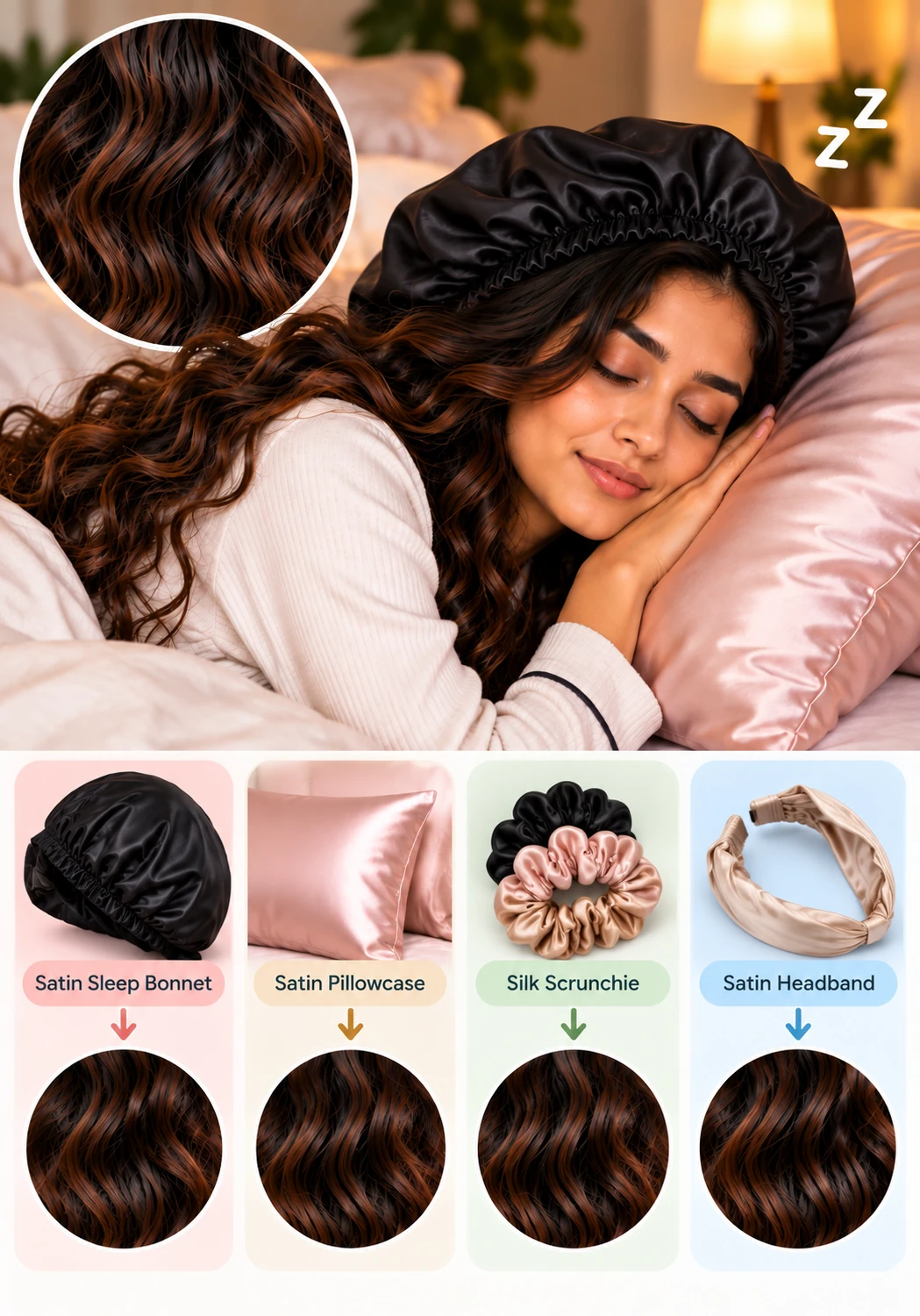 Overnight wavy hair protection using a satin sleep bonnet, satin pillowcase, silk scrunchie and satin headband to help preserve natural waves.